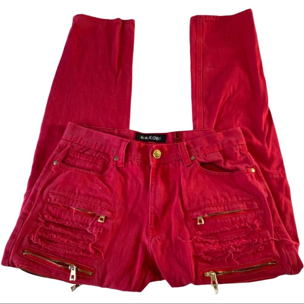 Makobi MK Red Denim Biker Distressed Jeans 32x32